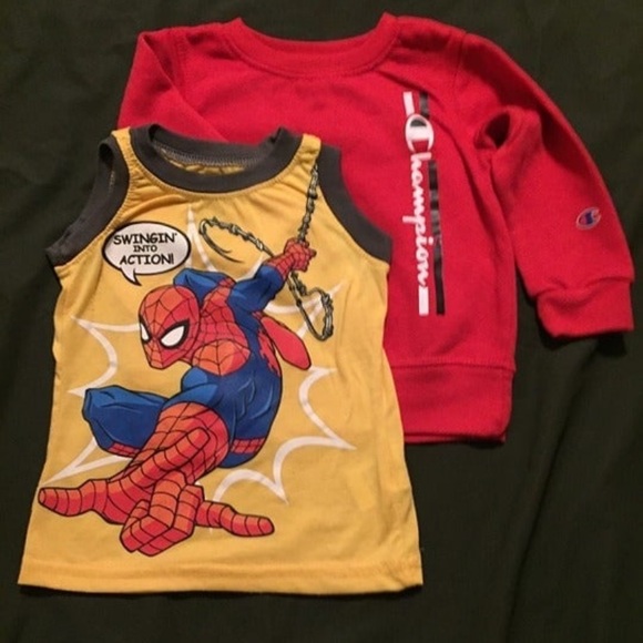 Bundle of Two Boy Shirts Size 2T Yellow Spiderman Shirt and Red Champion Sweater - Picture 1 of 12